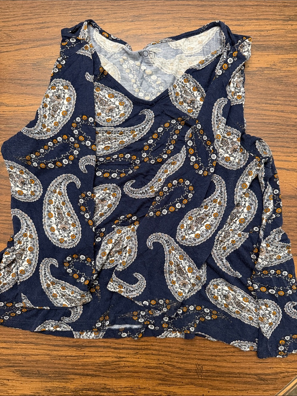 LOFT Navy Paisley V-Neck with White and Gold Accents